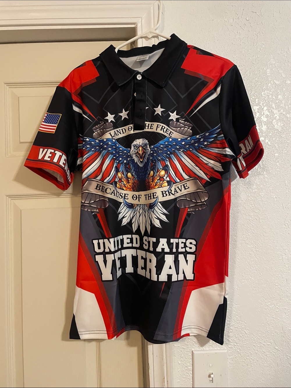 United States Veteran Patriotic Polo Shirt - Red, Black & White